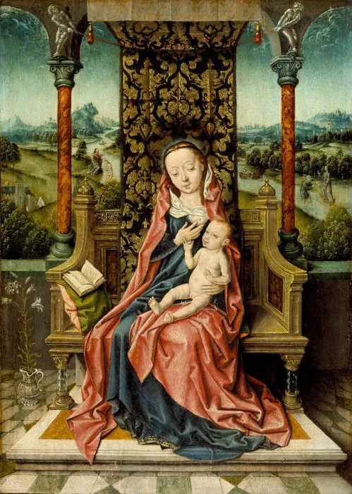 Framed Print : Madonna and Child Enthroned, c. 1510. Artist: Bouts, Aelbrecht (1451 / 54-1549) Framed Print : Madonna and Child Enthroned, c. 1510. Artist: Bouts, Aelbrecht (1451 / 54-1549)