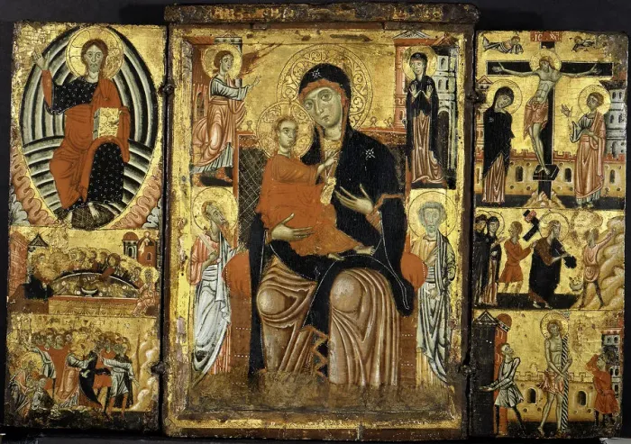 Framed Print : Madonna and Child Enthroned. Creator: Master of the Magdalen Framed Print : Madonna and Child Enthroned. Creator: Master of the Magdalen