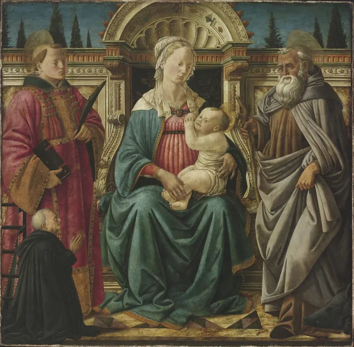 Framed Print : Madonna and Child Enthroned with Saint Lawrence, Saint Anthony Abbot and Canon... c1470. Creator: Fra Diamante (c. 1430?c. 1492) Framed Print : Madonna and Child Enthroned with Saint Lawrence, Saint Anthony Abbot and Canon... c1470. Creator: Fra Diamante (c. 1430?c. 1492)