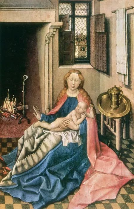Framed Print : Madonna and Child before a Fireplace, 1430s. Artist: Robert Campin Framed Print : Madonna and Child before a Fireplace, 1430s. Artist: Robert Campin