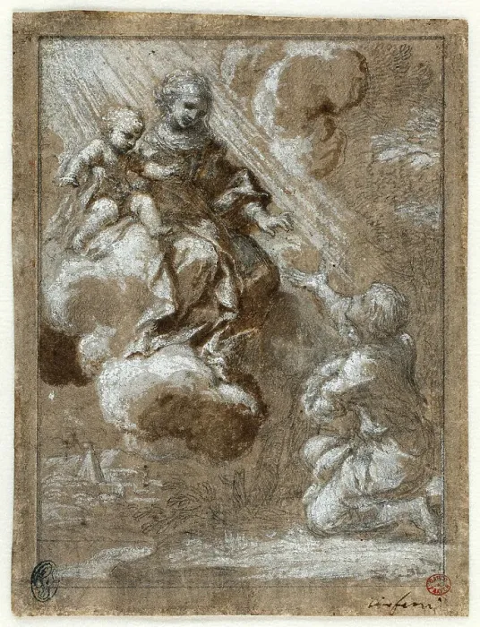 Framed Print : The Madonna and Child in Glory Appearing to a Kneeling Young Man, 1655 / 59. Creator: Bernardino Lanino Framed Print : The Madonna and Child in Glory Appearing to a Kneeling Young Man, 1655 / 59. Creator: Bernardino Lanino