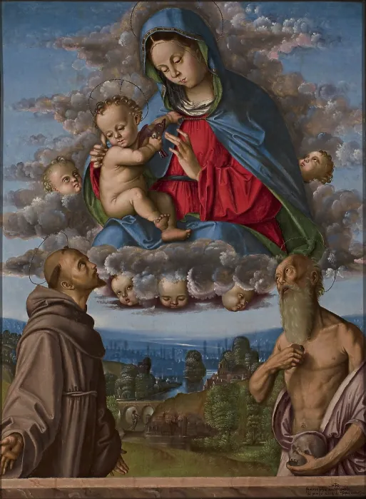 Framed Print : Madonna and Child in glory with the Saints Francis and Jerome, 1512. Creator: Zaganelli, Francesco (ca 1470-1532)