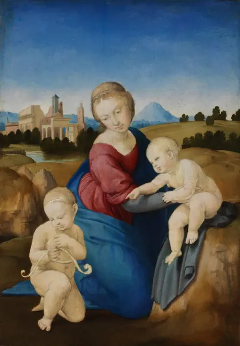 Framed Print : The Madonna and Child with the Infant Baptist (The Esterhazy Madonna). Artist: Raphael (1483-1520) Framed Print : The Madonna and Child with the Infant Baptist (The Esterhazy Madonna). Artist: Raphael (1483-1520)