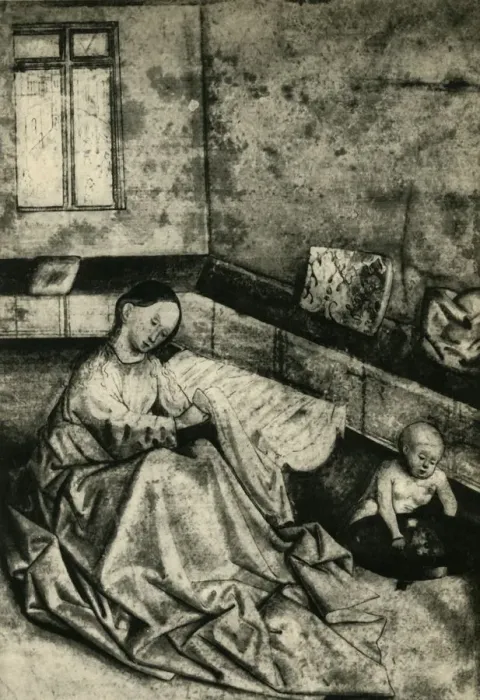 Framed Print : Madonna and child in an interior, early 15th century?, (1943). Creator: School of Konrad Witz Framed Print : Madonna and child in an interior, early 15th century?, (1943). Creator: School of Konrad Witz