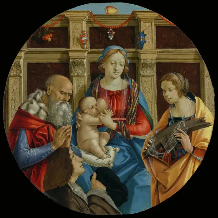 Framed Print : Madonna and Child with a Male Saint, Catherine of Alexandria and a Donor, about 1496. Creator: Michelangelo di Pietro Membrini Framed Print : Madonna and Child with a Male Saint, Catherine of Alexandria and a Donor, about 1496. Creator: Michelangelo di Pietro Membrini