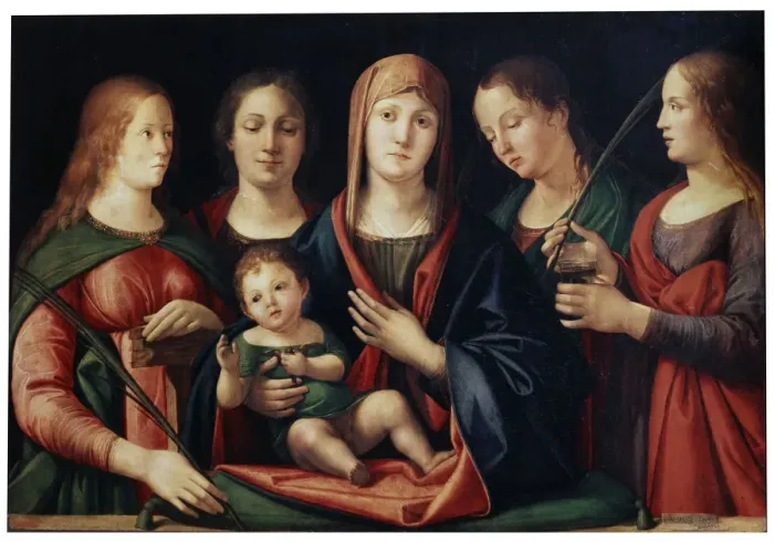 Framed Print : Madonna and Child with Mary Magdalen, Saint Catherine and two Saints, 1504. Artist: Alvise Vivarini Framed Print : Madonna and Child with Mary Magdalen, Saint Catherine and two Saints, 1504. Artist: Alvise Vivarini