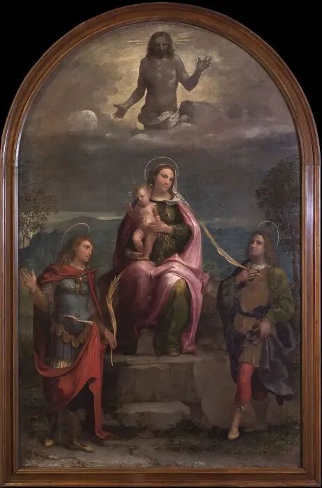 Framed Print : Madonna and Child, the Redeemer with Saints Vitus and Modestus, Between 1500 and 1524. Creator: Morto da Feltre (Lorenzo Luzzo) (ca 1480-1527) Framed Print : Madonna and Child, the Redeemer with Saints Vitus and Modestus, Between 1500 and 1524. Creator: Morto da Feltre (Lorenzo Luzzo) (ca 1480-1527)