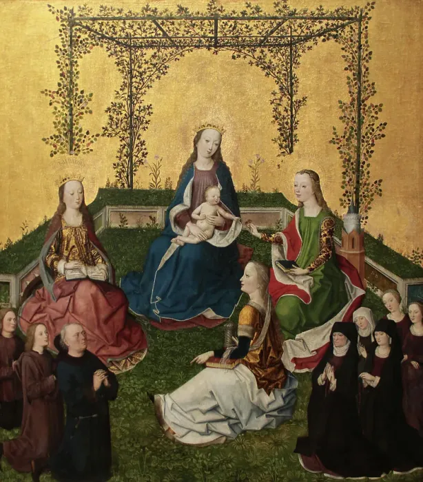 Framed Print : Madonna with Child in rose arbor, ca 1470. Creator: Master of the Life of the Virgin (active 1463-1490) Framed Print : Madonna with Child in rose arbor, ca 1470. Creator: Master of the Life of the Virgin (active 1463-1490)