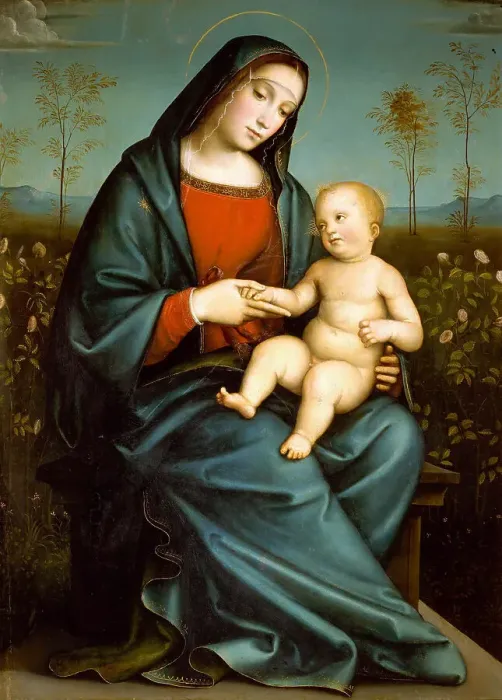 Framed Print : Madonna with Child in the Rose Garden, c. 1480. Creator: Francia, Francesco (1450-1517) Framed Print : Madonna with Child in the Rose Garden, c. 1480. Creator: Francia, Francesco (1450-1517)
