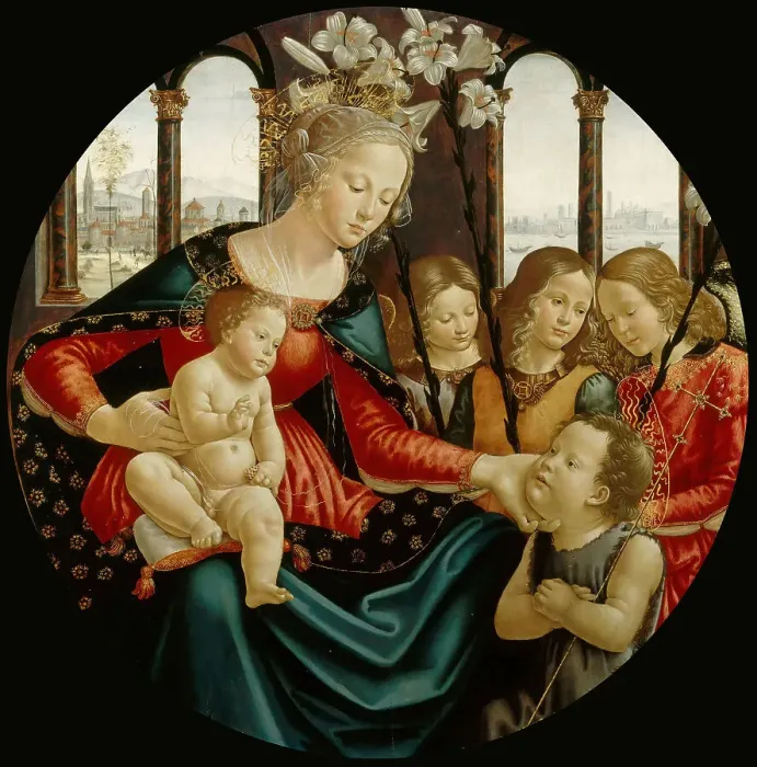 Framed Print : Madonna and Child with Saint John the Baptist and Three Angels, c. 1490. Creator: Ghirlandaio, Domenico (1449-1494) Framed Print : Madonna and Child with Saint John the Baptist and Three Angels, c. 1490. Creator: Ghirlandaio, Domenico (1449-1494)