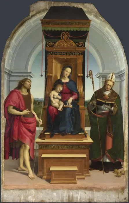 Framed Print : The Madonna and Child with Saint John the Baptist and Saint Nicholas of Bari (The Ansidei Madonna), 1505. Artist: Raphael (1483-1520) Framed Print : The Madonna and Child with Saint John the Baptist and Saint Nicholas of Bari (The Ansidei Madonna), 1505. Artist: Raphael (1483-1520)