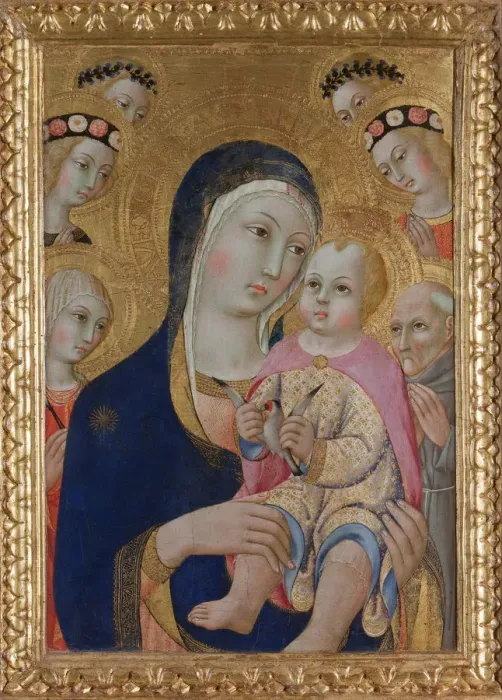 Framed Print : Madonna with Child, Saints Apollonia and Bernardino and four angels, ca 1460. Artist: Sano di Pietro (1406-1481) Framed Print : Madonna with Child, Saints Apollonia and Bernardino and four angels, ca 1460. Artist: Sano di Pietro (1406-1481)