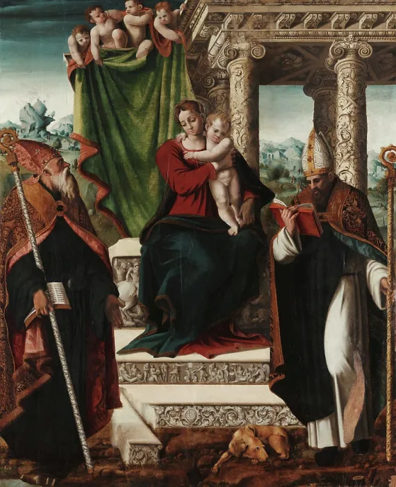 Framed Print : Madonna and Child with Saints Augustine and Bernard, c1535. Creator: Giordano, Stefano (active Mid of 16th cen.) Framed Print : Madonna and Child with Saints Augustine and Bernard, c1535. Creator: Giordano, Stefano (active Mid of 16th cen.)