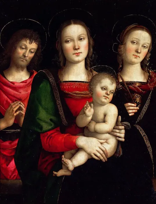 Framed Print : Madonna and Child with Saints Catherine of Alexandria and John the Baptist. Artist: Perugino (ca. 1450-1523) Framed Print : Madonna and Child with Saints Catherine of Alexandria and John the Baptist. Artist: Perugino (ca. 1450-1523)