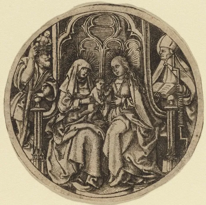 Framed Print : Madonna and Child with Saints Christopher and Erasmus, c. 1480. Creator: Unknown Framed Print : Madonna and Child with Saints Christopher and Erasmus, c. 1480. Creator: Unknown