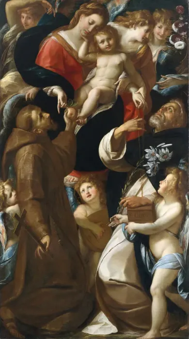 Framed Print : Madonna and Child with Saints Francis and Dominic and Angels. Creator: Giulio Cesare Procaccini Framed Print : Madonna and Child with Saints Francis and Dominic and Angels. Creator: Giulio Cesare Procaccini