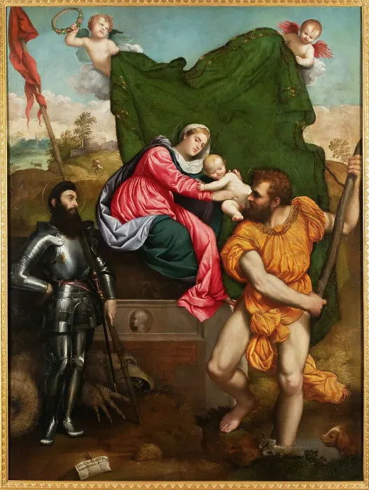 Framed Print : Madonna and Child with Saints George and Christopher, 1526-1527. Creator: Bordone, Paris (1500-1571) Framed Print : Madonna and Child with Saints George and Christopher, 1526-1527. Creator: Bordone, Paris (1500-1571)