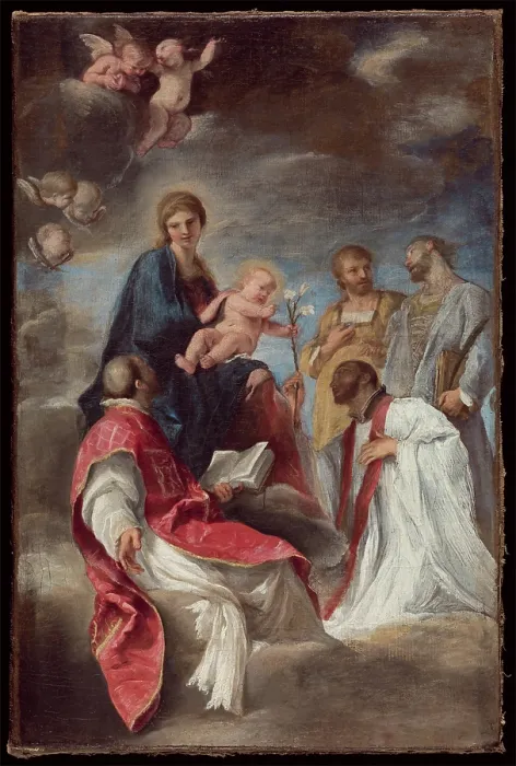 Framed Print : The Madonna and Child with Saints Ignatius of Loyola, Francis Xavier, Cosmas and Damian, 1629. Creator: Andrea Sacchi Framed Print : The Madonna and Child with Saints Ignatius of Loyola, Francis Xavier, Cosmas and Damian, 1629. Creator: Andrea Sacchi