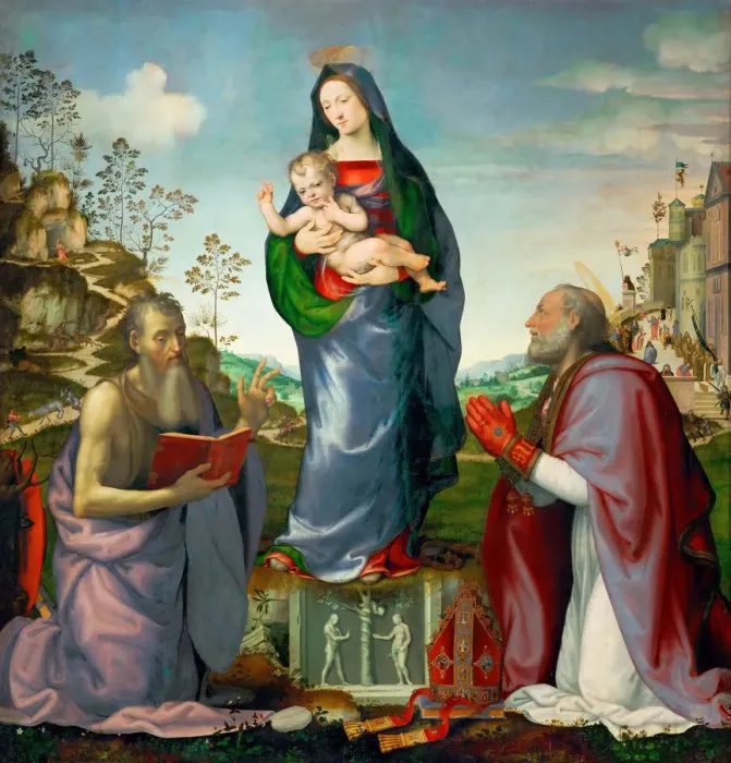 Framed Print : Madonna and Child with Saints James and Zenobius, 1506. Artist: Albertinelli, Mariotto (1474-1515) Framed Print : Madonna and Child with Saints James and Zenobius, 1506. Artist: Albertinelli, Mariotto (1474-1515)