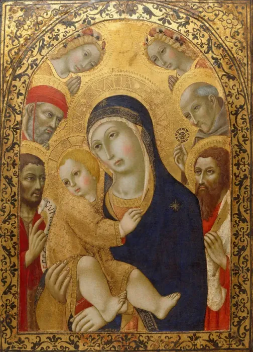 Framed Print : Madonna and Child with Saints Jerome, John the Baptist, Bernardino and Bartholomew, ca 1450-1475. Artist: Sano di Pietro (1406-1481) Framed Print : Madonna and Child with Saints Jerome, John the Baptist, Bernardino and Bartholomew, ca 1450-1475. Artist: Sano di Pietro (1406-1481)