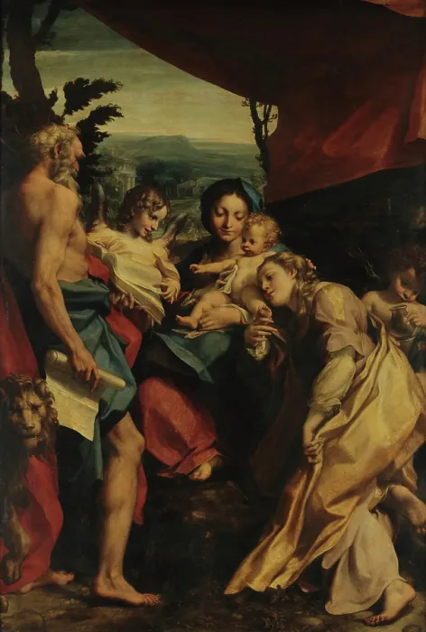Framed Print : Madonna and Child with Saints Jerome and Mary Magdalen (The Day), c1528. Creator: Correggio (1489-1534) Framed Print : Madonna and Child with Saints Jerome and Mary Magdalen (The Day), c1528. Creator: Correggio (1489-1534)