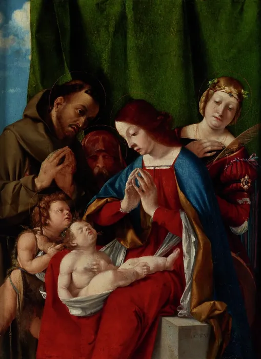 Framed Print : Madonna and Child with the Saints John the Baptist, Francis of Assisi, Joseph (?)... c1508. Creator: Lorenzo Lotto Framed Print : Madonna and Child with the Saints John the Baptist, Francis of Assisi, Joseph (?)... c1508. Creator: Lorenzo Lotto