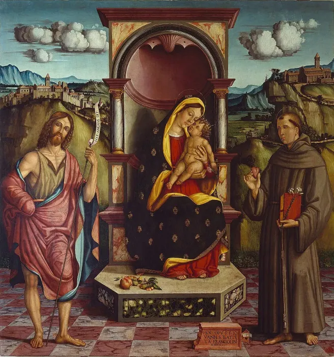 Framed Print : Madonna and Child with Saints John the Baptist and Anthony of Padua, 1528. Creator: Agabiti, Pietro Paolo (ca1470-ca1540) Framed Print : Madonna and Child with Saints John the Baptist and Anthony of Padua, 1528. Creator: Agabiti, Pietro Paolo (ca1470-ca1540)