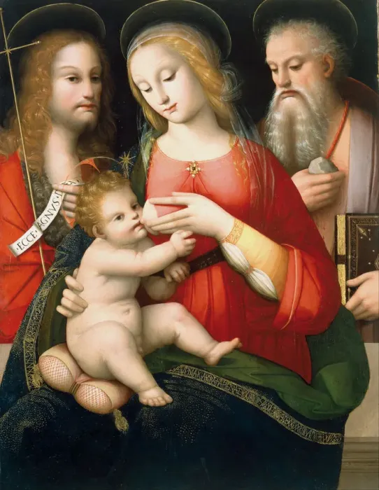 Framed Print : Madonna with Child and Saints John the Baptist and Jerome, Early 16th century. Artist: Piccinelli, Andrea (ca. 1485-1519) Framed Print : Madonna with Child and Saints John the Baptist and Jerome, Early 16th century. Artist: Piccinelli, Andrea (ca. 1485-1519)