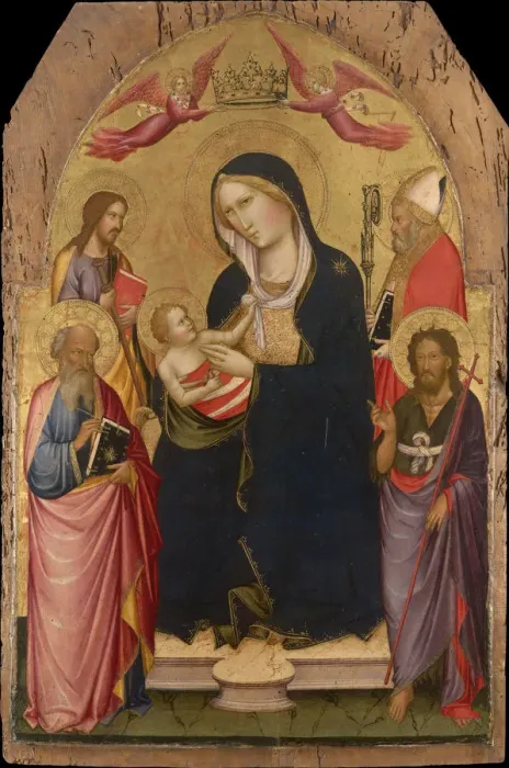 Framed Print : Madonna and Child with Saints John the Evangelist, John the Baptist, James of Compostela and Nicholas of Bari, ca 1390. Artist: Gaddi, Agnolo (1350-1396) Framed Print : Madonna and Child with Saints John the Evangelist, John the Baptist, James of Compostela and Nicholas of Bari, ca 1390. Artist: Gaddi, Agnolo (1350-1396)
