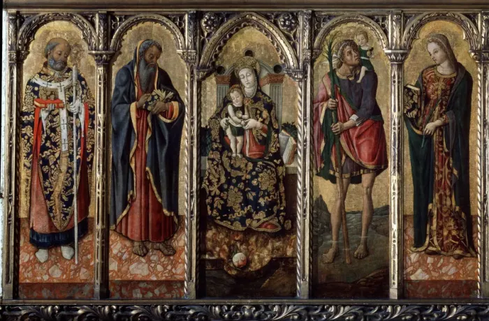 Framed Print : Madonna and Child with Saints (polyptych, five separate panels), c1480. Artist: Vittore Crivelli Framed Print : Madonna and Child with Saints (polyptych, five separate panels), c1480. Artist: Vittore Crivelli