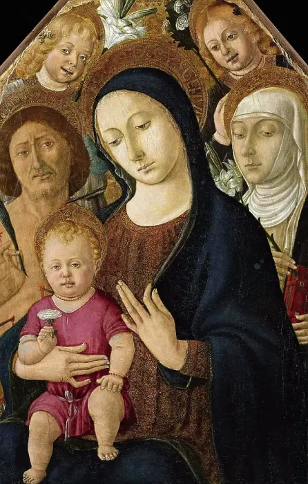 Framed Print : Madonna and Child with Saints Sebastian, Catherine of Siena and two angels, c. 1480. Creator: Matteo di Giovanni (ca. 1430-1495) Framed Print : Madonna and Child with Saints Sebastian, Catherine of Siena and two angels, c. 1480. Creator: Matteo di Giovanni (ca. 1430-1495)
