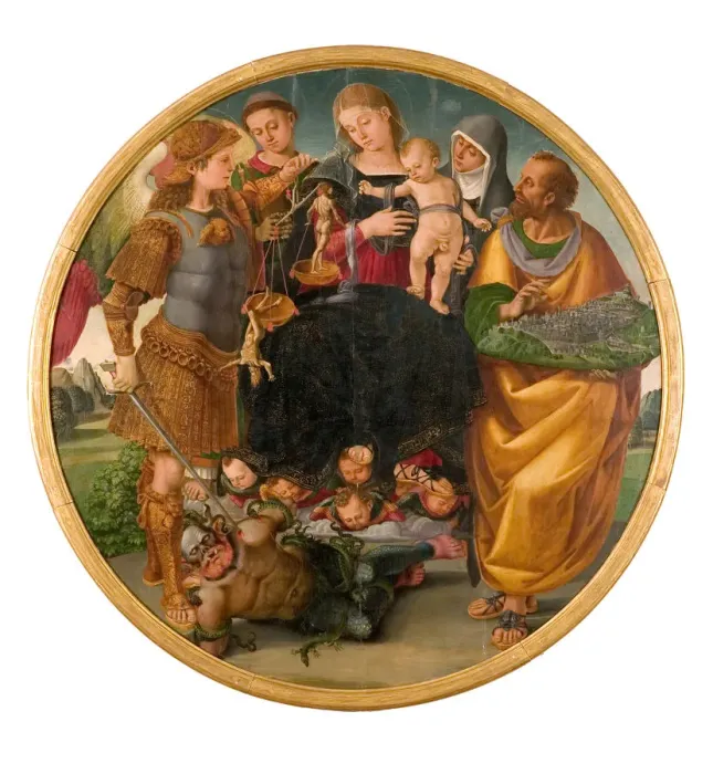 Framed Print : Madonna and Child between Saints (Tondo Signorelli), 1510-1515. Creator: Signorelli Framed Print : Madonna and Child between Saints (Tondo Signorelli), 1510-1515. Creator: Signorelli