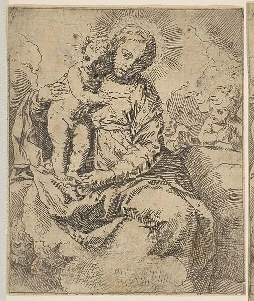 Madonna and Child seated on clouds and surrounded by angels, copy in reverse a..., ca