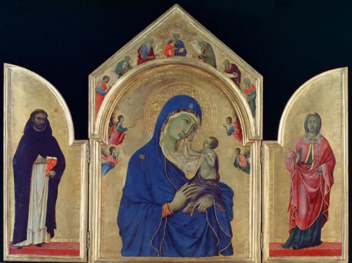 Framed Print : Madonna and Child with St Dominic and St Aurea, c1315. Artist: Duccio di Buoninsegna Framed Print : Madonna and Child with St Dominic and St Aurea, c1315. Artist: Duccio di Buoninsegna