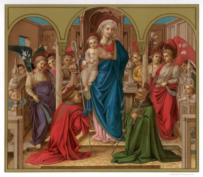 Framed Print : Madonna and Child with St Fredianus and St Augustine, 1437-1438 (1870). Artist: Franz Kellerhoven Framed Print : Madonna and Child with St Fredianus and St Augustine, 1437-1438 (1870). Artist: Franz Kellerhoven