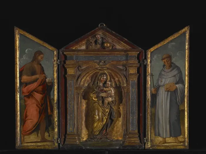 Framed Print : Madonna and Child with St John the Baptist and St Francis, probably late 1500s. Creator: Unknown Framed Print : Madonna and Child with St John the Baptist and St Francis, probably late 1500s. Creator: Unknown