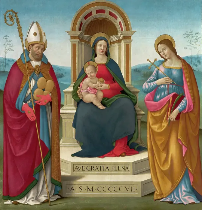 Framed Print : Madonna and Child with St Justus of Volterra and St Margaret of Antioch. 1507. Creator: Bastiano Mainardi Framed Print : Madonna and Child with St Justus of Volterra and St Margaret of Antioch. 1507. Creator: Bastiano Mainardi