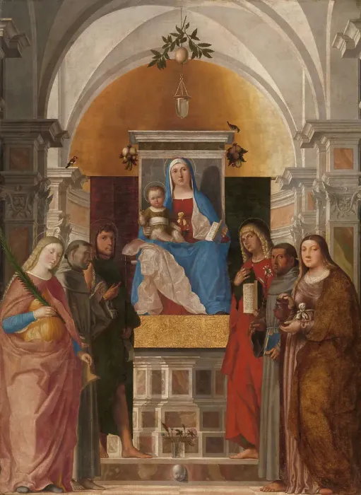 Framed Print : Madonna and Child with Sts Catherine, Francis of Assisi, John the Baptist, John the Evangelist, Anto Creator: Marcello Fogolino Framed Print : Madonna and Child with Sts Catherine, Francis of Assisi, John the Baptist, John the Evangelist, Anto Creator: Marcello Fogolino