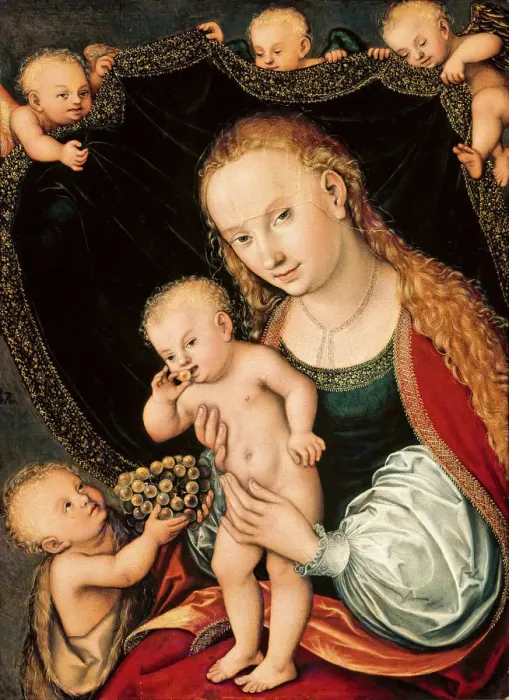 Framed Print : Madonna and Child with the Young John the Baptist, after 1537. Creator: Cranach, Lucas Framed Print : Madonna and Child with the Young John the Baptist, after 1537. Creator: Cranach, Lucas