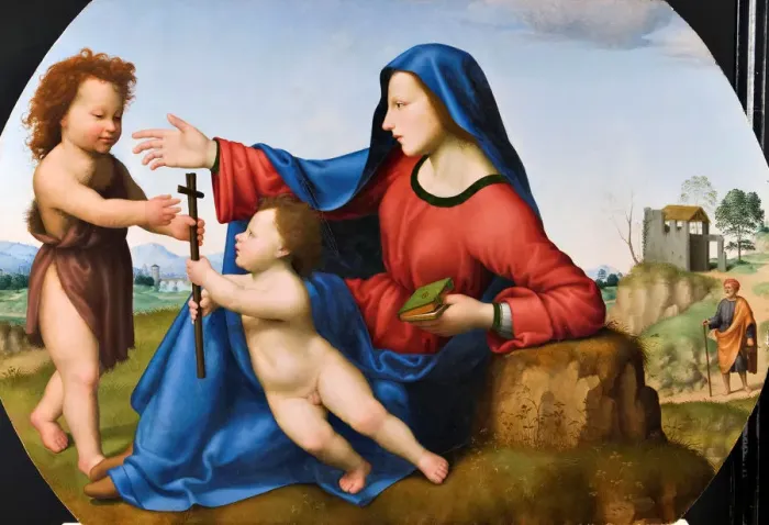Framed Print : Madonna and Child with the Young John the Baptist. Creator: Bugiardini, Giuliano (1475-1554) Framed Print : Madonna and Child with the Young John the Baptist. Creator: Bugiardini, Giuliano (1475-1554)