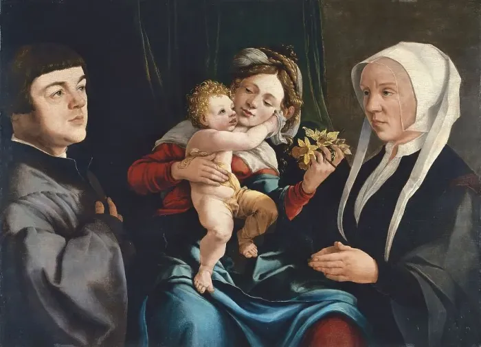 Framed Print : Madonna of the Daffodils with the Christ Child and Donors, 1535. Creator: Jan van Scorel Framed Print : Madonna of the Daffodils with the Christ Child and Donors, 1535. Creator: Jan van Scorel