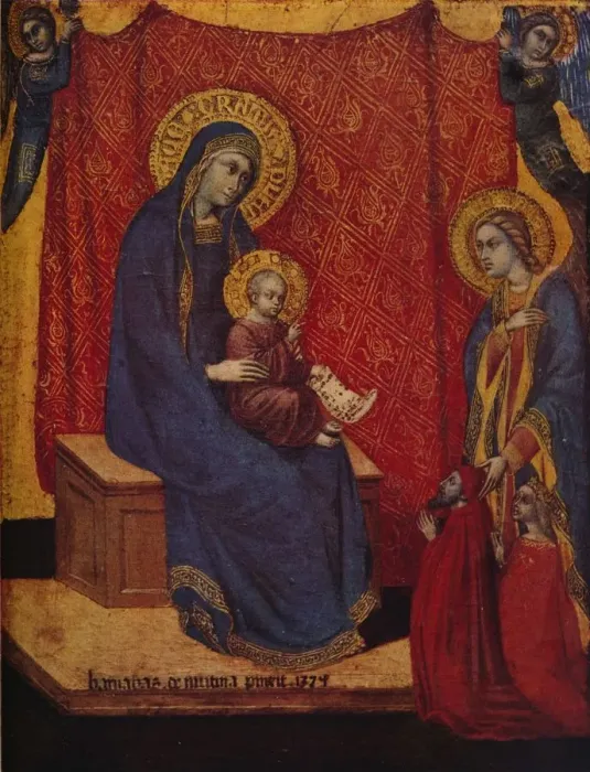 Framed Print : The Madonna Enthroned and Two Donors in Adoration, 1374. Artist: Barnaba da Modena Framed Print : The Madonna Enthroned and Two Donors in Adoration, 1374. Artist: Barnaba da Modena