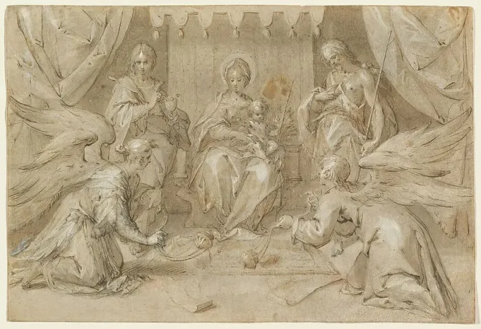 Framed Print : The Madonna Enthroned with Saint John the Baptist and Saint John the Evangelist, 1589. Creator: Hans von Aachen Framed Print : The Madonna Enthroned with Saint John the Baptist and Saint John the Evangelist, 1589. Creator: Hans von Aachen