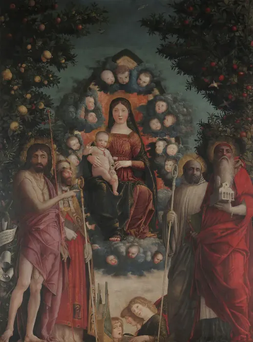 Framed Print : Madonna in glory with Saint John the Baptist, Saint Gregory the Great, Saint Benedict and... 1497. Creator: Mantegna, Andrea (1431-1506) Framed Print : Madonna in glory with Saint John the Baptist, Saint Gregory the Great, Saint Benedict and... 1497. Creator: Mantegna, Andrea (1431-1506)