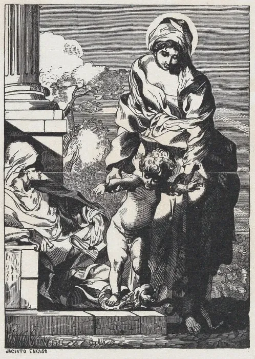 Framed Print : The Madonna helping baby Jesus take his first steps while Elizabeth reclines, ca. 1800-1899. Creator: Anon Framed Print : The Madonna helping baby Jesus take his first steps while Elizabeth reclines, ca. 1800-1899. Creator: Anon