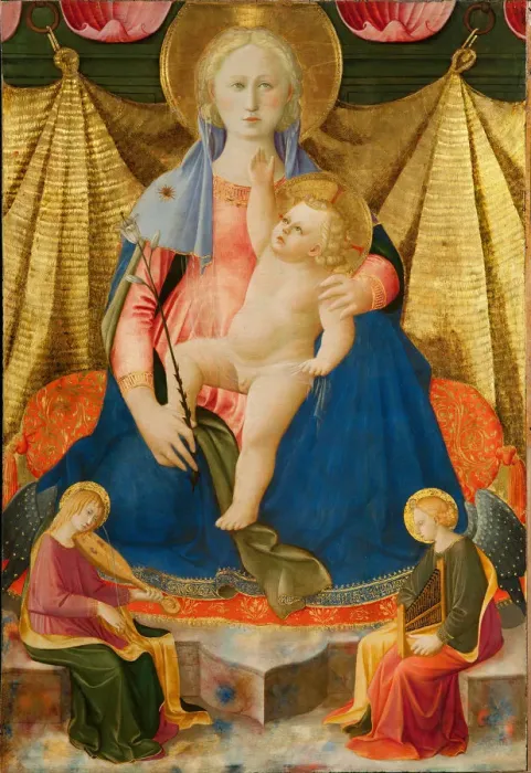 Framed Print : Madonna of Humility with Two Musician Angels, c. 1450. Artist: Strozzi, Zanobi (1412-1468) Framed Print : Madonna of Humility with Two Musician Angels, c. 1450. Artist: Strozzi, Zanobi (1412-1468)