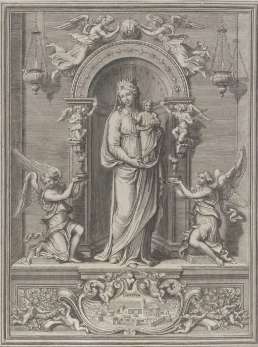 Framed Print : Madonna of Loreto, within a niche with an angel on either side, 1650-1724 Framed Print : Madonna of Loreto, within a niche with an angel on either side, 1650-1724