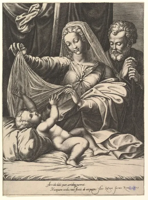 Framed Print : Madonna of Loreto, the Virgin lifts a veil above the Child, who lies on a bed and pillow Framed Print : Madonna of Loreto, the Virgin lifts a veil above the Child, who lies on a bed and pillow