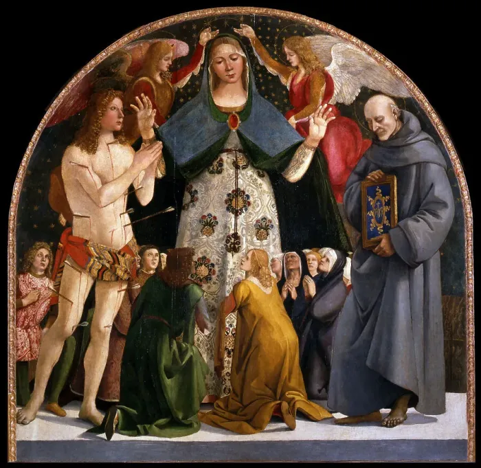Framed Print : Madonna of Mercy and Saints Sebastian and Bernardino da Siena, c. 1490. Artist: Signorelli, Luca (ca 1441-1523) Framed Print : Madonna of Mercy and Saints Sebastian and Bernardino da Siena, c. 1490. Artist: Signorelli, Luca (ca 1441-1523)