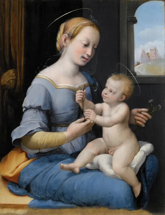 Framed Print : The Madonna of the Pinks (La Madonna dei Garofani), c1520-1530. Creator: Raphael (Raffaello Sanzio da Urbino), (Workshop) Framed Print : The Madonna of the Pinks (La Madonna dei Garofani), c1520-1530. Creator: Raphael (Raffaello Sanzio da Urbino), (Workshop)